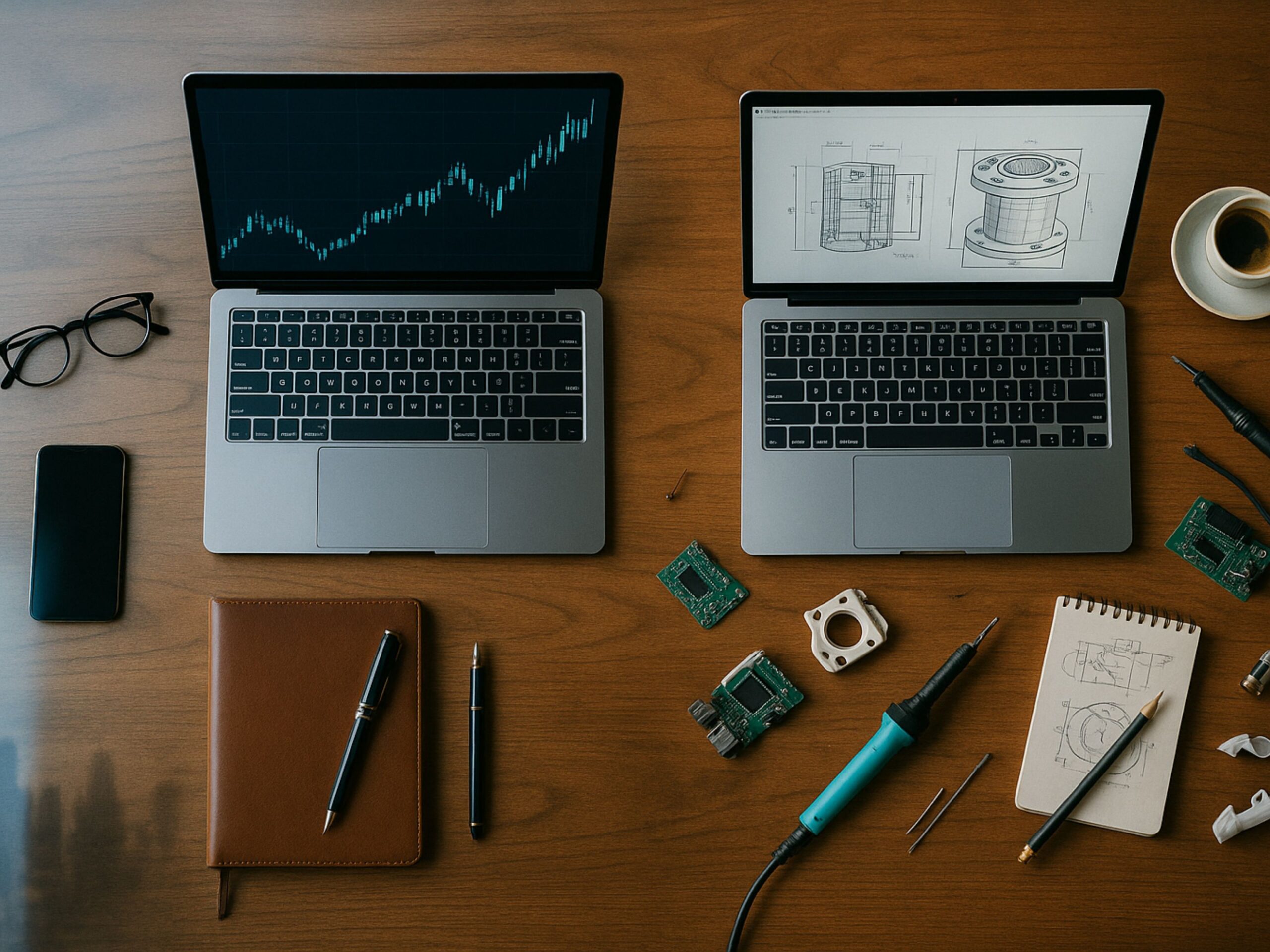 A view of two laptops symbolizing the investor vs. founder mindset,