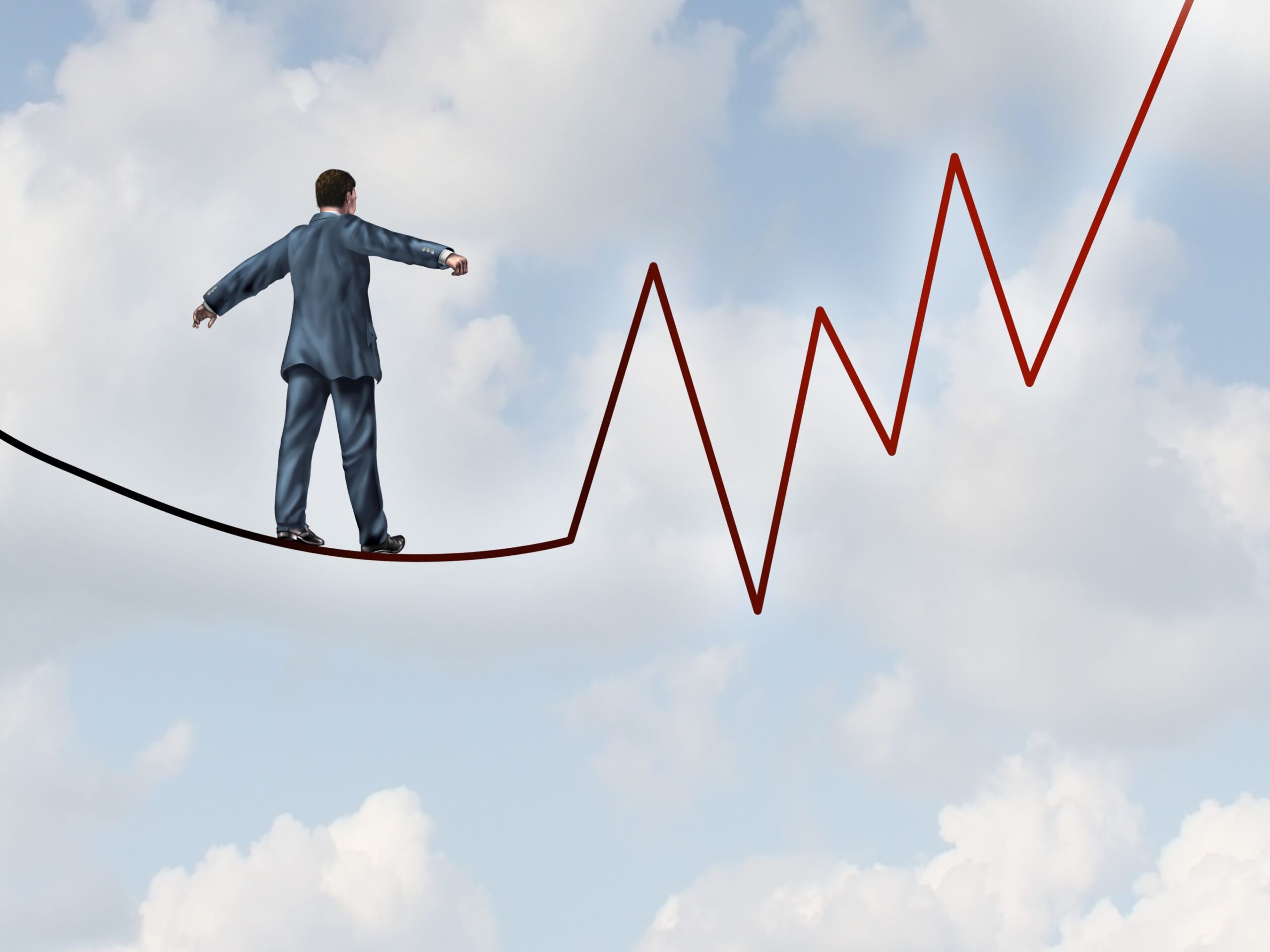 Investing in economic uncertainty and building trust. Man walking a tight rope