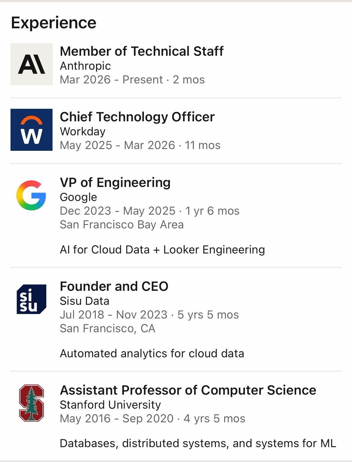 LinkedIn profile showing career progression from Stanford Professor to Google VP to Workday CTO to Anthropic Technical Staff Member